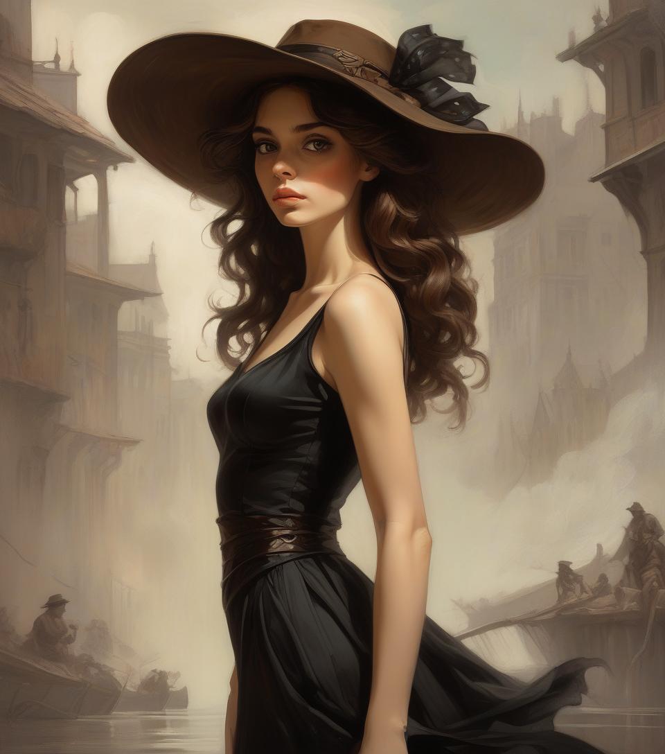  concept art oil on canvas, young woman, wearing black dress, brown hair and brown eyes,hat, frank frazetta, arthur rackham, alberto seveso, sandro botticelli style. . digital artwork, illustrative, painterly, matte painting, highly detailed