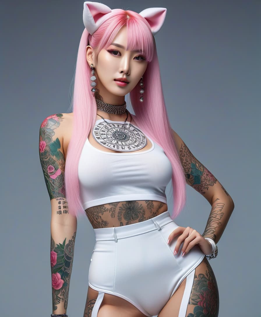  typographic art informal korean young , full body, show a with legs, standing , white skin, perfect skin, распущенные волосы,long white hair, pink hair, delicate face, full body, slender legs, high heeled ylons, leg tattoos, round heads, cat ears on her head, build, delicate facial features, tattoo on her face, a lot of piercings on her face, , close , gloss close , tattoos on her arms, tattoos on her , piercing, informal style, extreme detailing, 8k, realistic, hyperrealisme, masterpiece, digital photo, . stylized, intricate, detailed, artistic, text based, perfecteyes hyperrealistic, full body, detailed clothing, highly detailed, cinematic lighting, stunningly beautiful, intricate, sharp focus, f/1. 8, 85mm, (centered image composition), (professionally color graded), ((bright soft diffused light)), volumetric fog, trending on instagram, trending on tumblr, HDR 4K, 8K