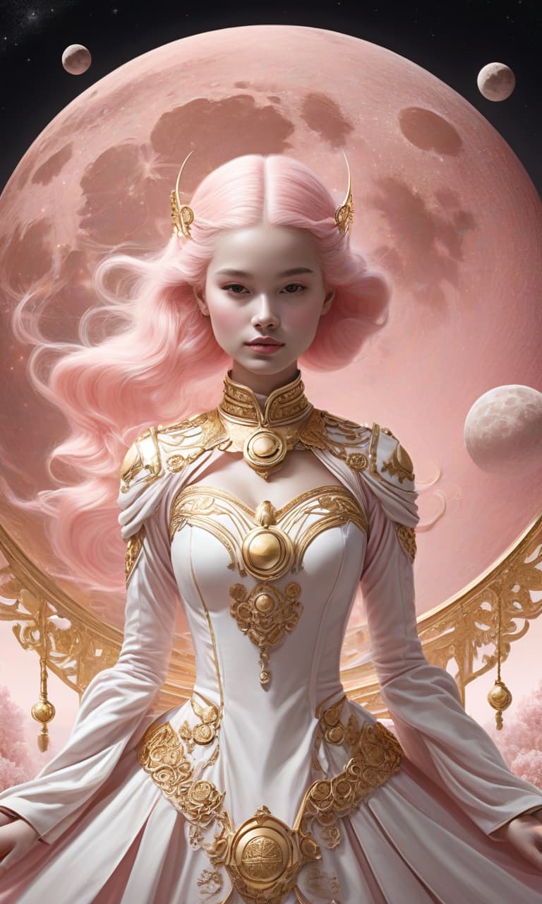  concept art color pink, white, black, gold moongirl . digital artwork, illustrative, painterly, matte painting, highly detailed, perfect hands