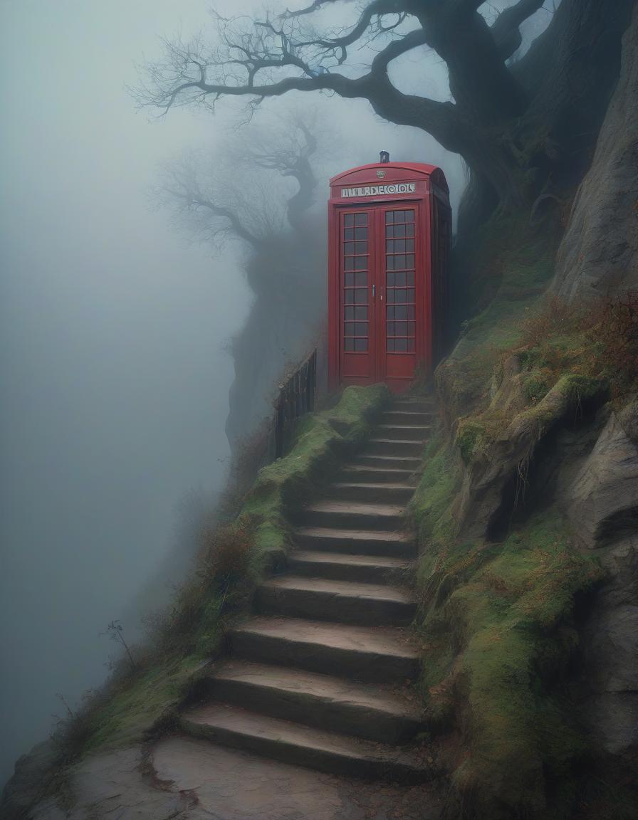  phone box in thick fog at the top of the cliff, trees, roots, steps, hops phantasmagoria, medieval nature, fantasy art