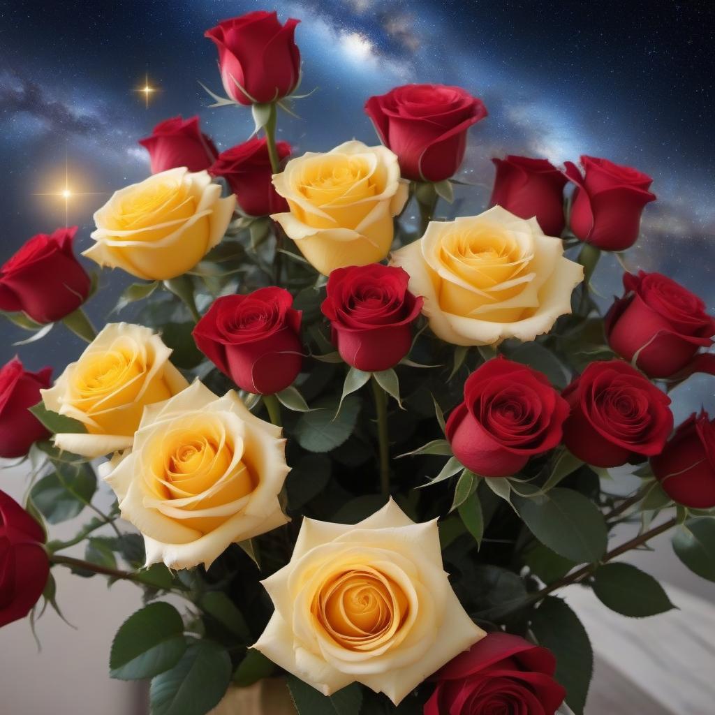  A bouquet of gorgeous red and yellow roses - 11 pieces.above them are bright stars, comets, the Milky Way, the natal chart. Beauty.