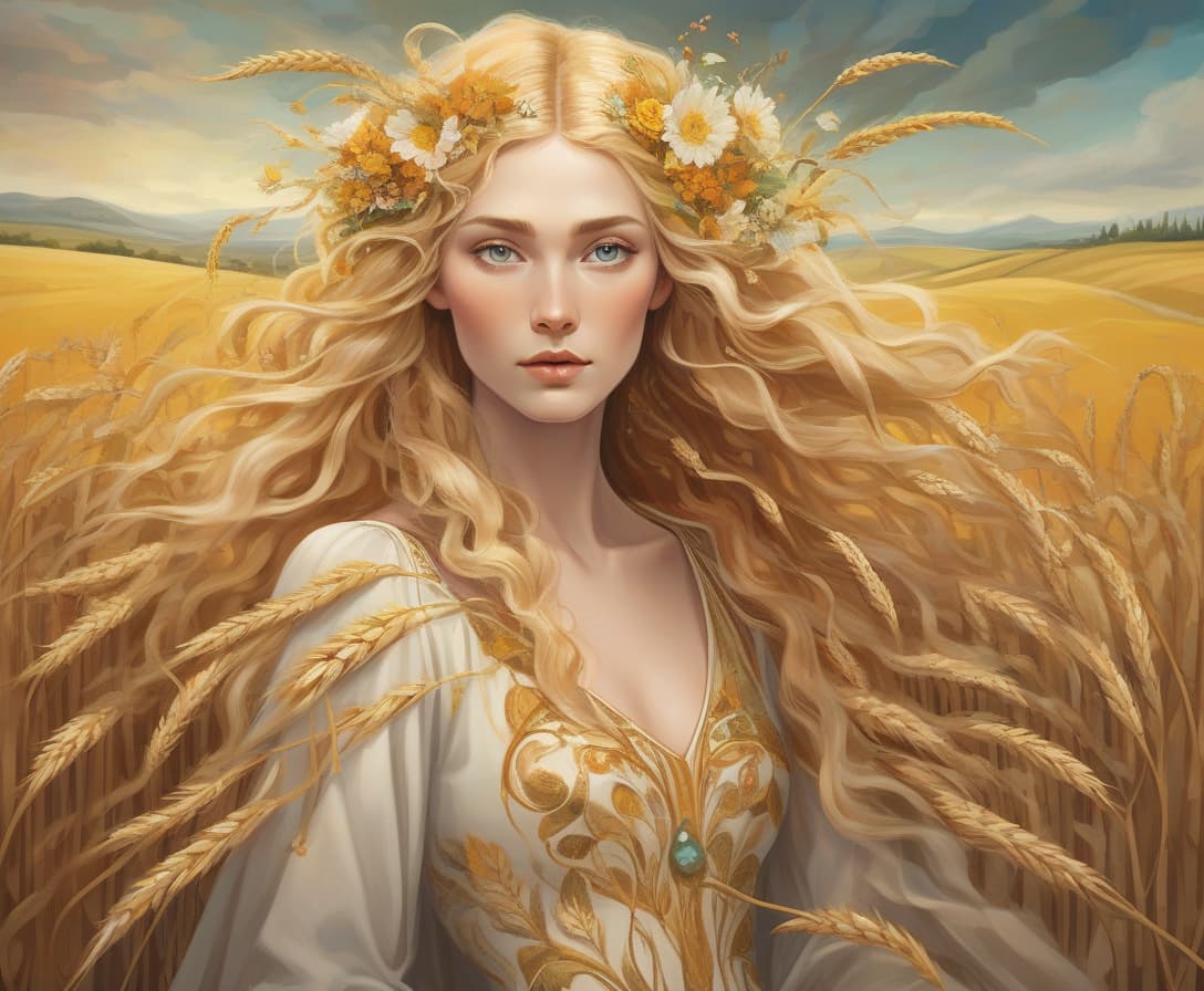  concept art create a surreal mixed media portrait of sif, the norse goddess of earth and harvest, blending dalí's dreamlike worlds and klimt's organic forms. show sif with golden hair merging with wheat fields, vines, and blooming flowers. her gown should mix leaves, petals, and grains. surround her with a surreal landscape where earth create a surrealist mixed media portrait of sif, the norse goddess of earth and harvest, inspired by the dreamlike worlds of salvador dalí and the organic forms of gustav klimt. depict sif with flowing golden hair that merges with fields of wheat, her locks interwoven with vines and flowers that seem to grow and bloom in real time. her gown should be a collage of natural textures—leaves, petals, and grain