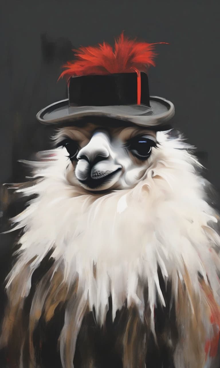  abstract expressionist painting r3mbr4ndt oil painting portrait of (a cute llama:1.6) in (a hat with a red ostrich feather:1.6), (dark background:1.8), (((heavy brushstrokes))), high contrast, vintage, <lora:arsmjstyle4:1.4> . energetic brushwork, bold colors, abstract forms, expressive, emotional, hkmagic