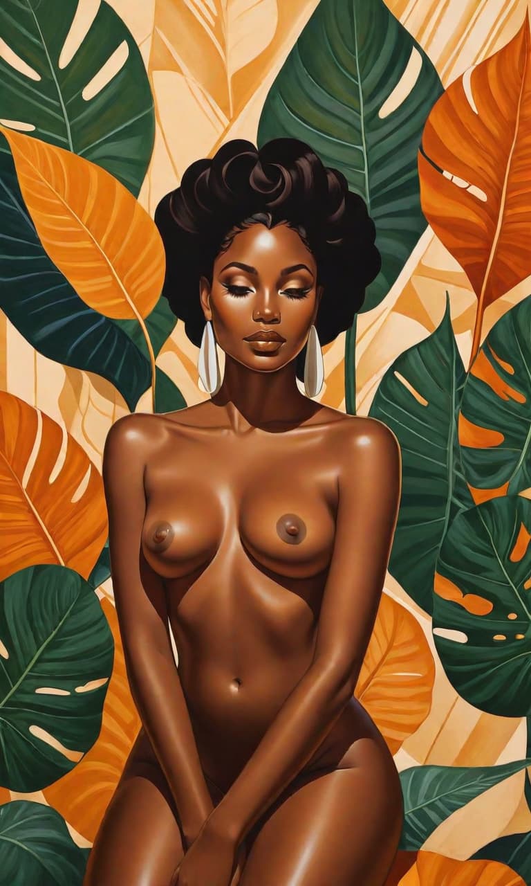  minimalism, painting of a beautiful black woman. she lays, surrounded elephant ear leaves. naked. she has brown legs. she has brown feet. she is in a divine pose., abstract, simple geometic shapes, hard edges, sleek contours, minimalism