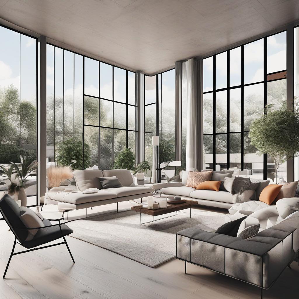  masterpiece, best quality, Best Quality, Masterpiece, 8k resolution,high resolution concept art of an apartment living room with floor to ceiling windows and modern furniture