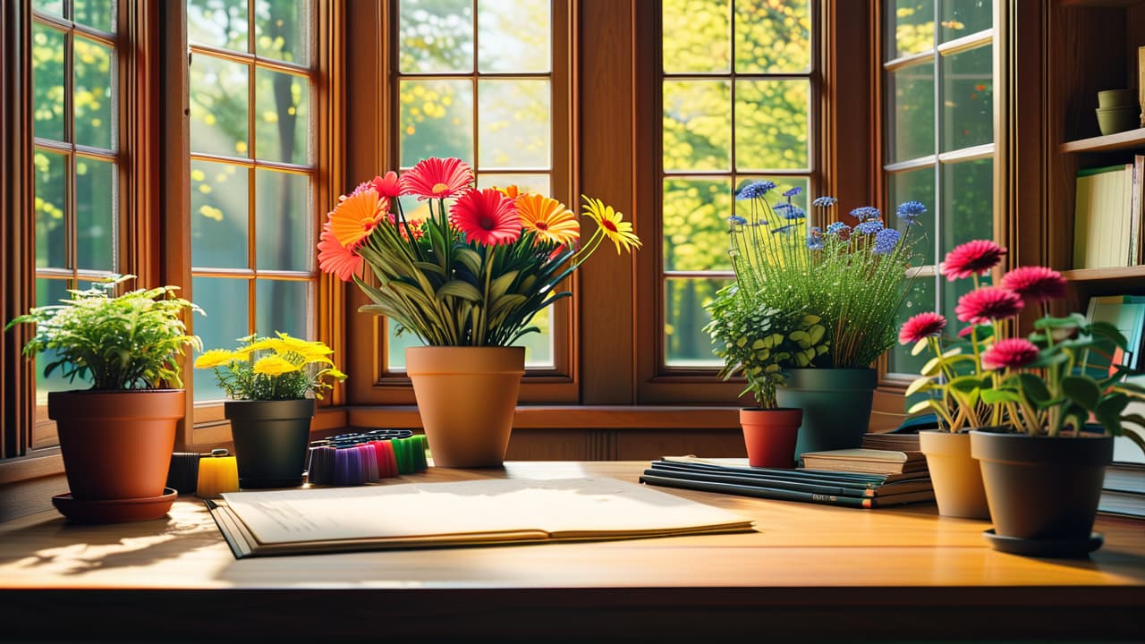  a beautifully arranged garden blueprint on a wooden table, surrounded by colorful flower sketches, gardening tools, and a small potted plant, with sunlight streaming through a window, creating a warm, inviting atmosphere. hyperrealistic, full body, detailed clothing, highly detailed, cinematic lighting, stunningly beautiful, intricate, sharp focus, f/1. 8, 85mm, (centered image composition), (professionally color graded), ((bright soft diffused light)), volumetric fog, trending on instagram, trending on tumblr, HDR 4K, 8K