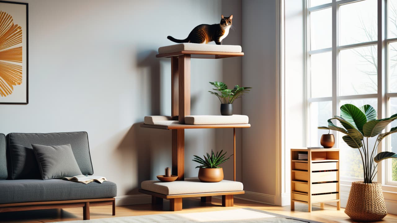  a sleek, minimalist cat tree with natural wood and soft gray fabric, featuring geometric shelves, plush hideaways, and elegant scratching posts, all set against a contemporary living room with stylish decor. hyperrealistic, full body, detailed clothing, highly detailed, cinematic lighting, stunningly beautiful, intricate, sharp focus, f/1. 8, 85mm, (centered image composition), (professionally color graded), ((bright soft diffused light)), volumetric fog, trending on instagram, trending on tumblr, HDR 4K, 8K