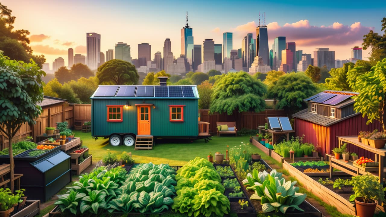  a vibrant urban homestead scene featuring a cozy tiny house surrounded by lush vegetable gardens, fruit trees, chickens roaming freely, solar panels on the roof, and a compost area, all set against a city skyline. hyperrealistic, full body, detailed clothing, highly detailed, cinematic lighting, stunningly beautiful, intricate, sharp focus, f/1. 8, 85mm, (centered image composition), (professionally color graded), ((bright soft diffused light)), volumetric fog, trending on instagram, trending on tumblr, HDR 4K, 8K