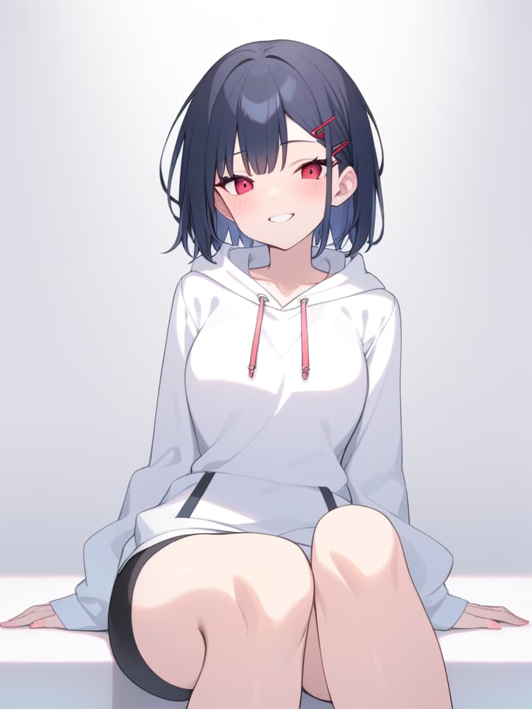  short black hair,red eyes,red hairpin,white hoodie,black pants,and a naughty smile.