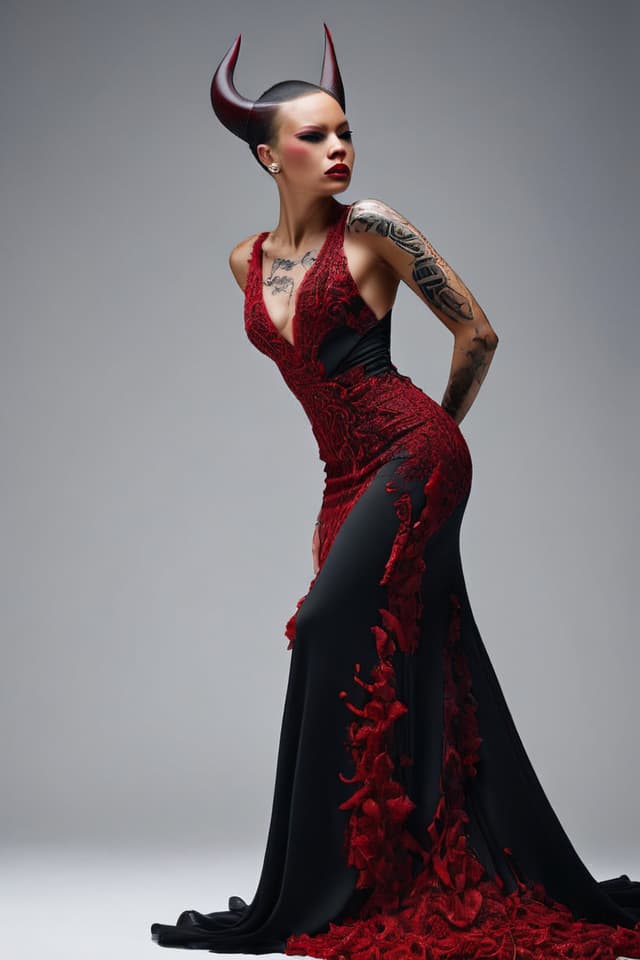  a full body depiction of a devil woman with striking red and black skin. she wears a flowing, elegant red dress that complements her fierce appearance. her skin has a unique texture resembling blood and thorns, with sharp, tubercle like tattoos intricately covering her body. the scene is set in a professional photography studio, with dramatic lighting casting shadows that accentuate her fierce features and the details of her skin. the overall style is 3d, giving her an otherworldly presence, while maintaining a sense of sophistication and artistry.