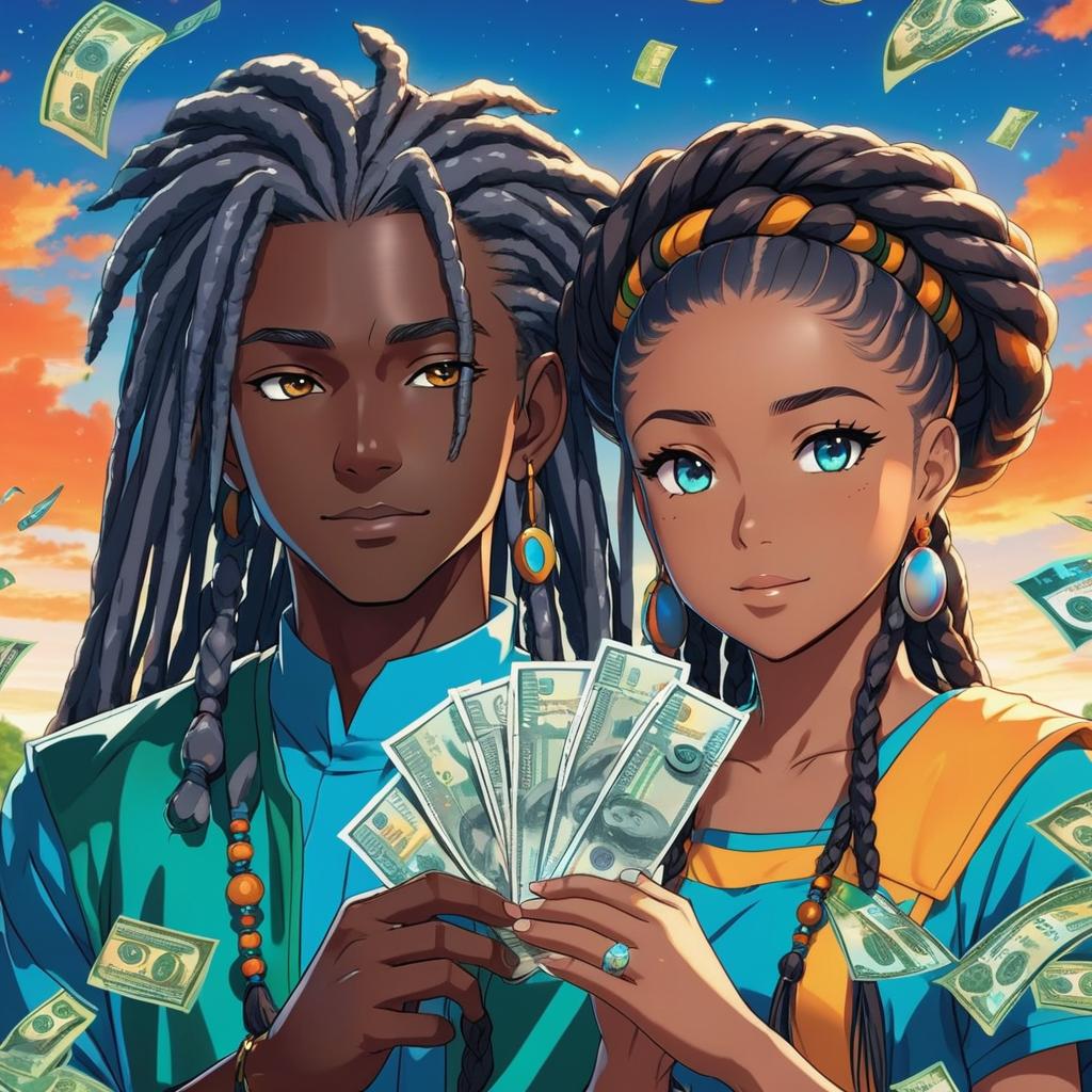  two aliens male with dreads dark skin female with long braids carmel skin in love in a beautiful peaceful area counting money orange blues yellow red people teal white all colors, anime artwork, anime style, key visual, vibrant, studio anime, highly detailed