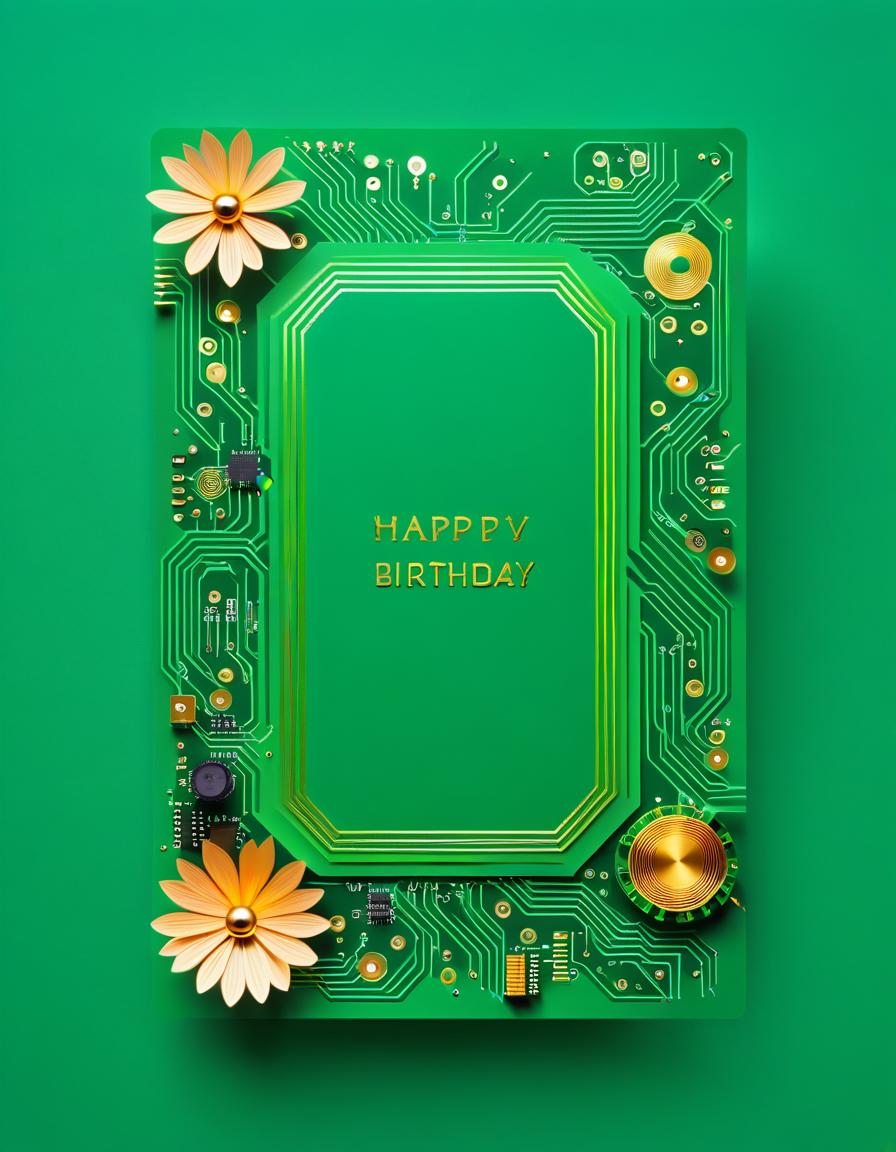  ethereal fantasy concept art of (birthday greeting card:1.5), card design: green background with (decorated with electronics style pcb tracks ). in the center of the card is a flower shaped computer processor, there is an inscription on top of the postcard text "microelectronics", (computer processor:1,1), (led:1,2), led color:golden, silvery white, burgundy, green. (style) :fantasy, design art, retro, postcards. . magnificent, celestial, ethereal, painterly, epic, majestic, magical, fantasy art, cover art, dreamy, hkmagic, text hyperrealistic, full body, detailed clothing, highly detailed, cinematic lighting, stunningly beautiful, intricate, sharp focus, f/1. 8, 85mm, (centered image composition), (professionally color graded), ((bright soft diffused light)), volumetric fog, trending on instagram, trending on tumblr, HDR 4K, 8K