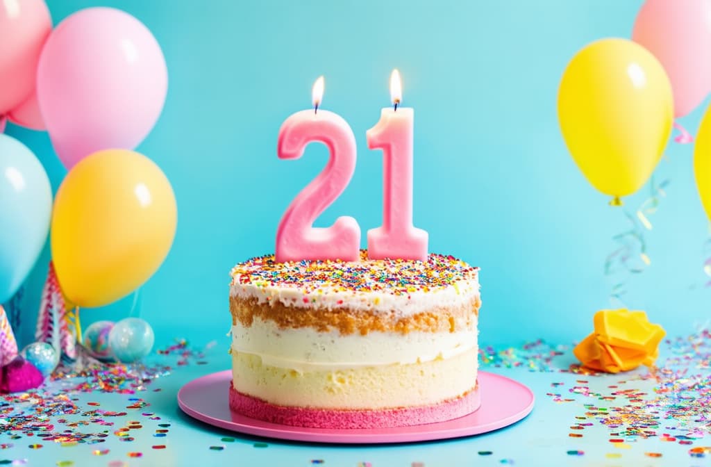  birthday cake with candles in shape of number 21 surrounded by balloons and confetti, pastel colors ar 3:2 {prompt}, maximum details