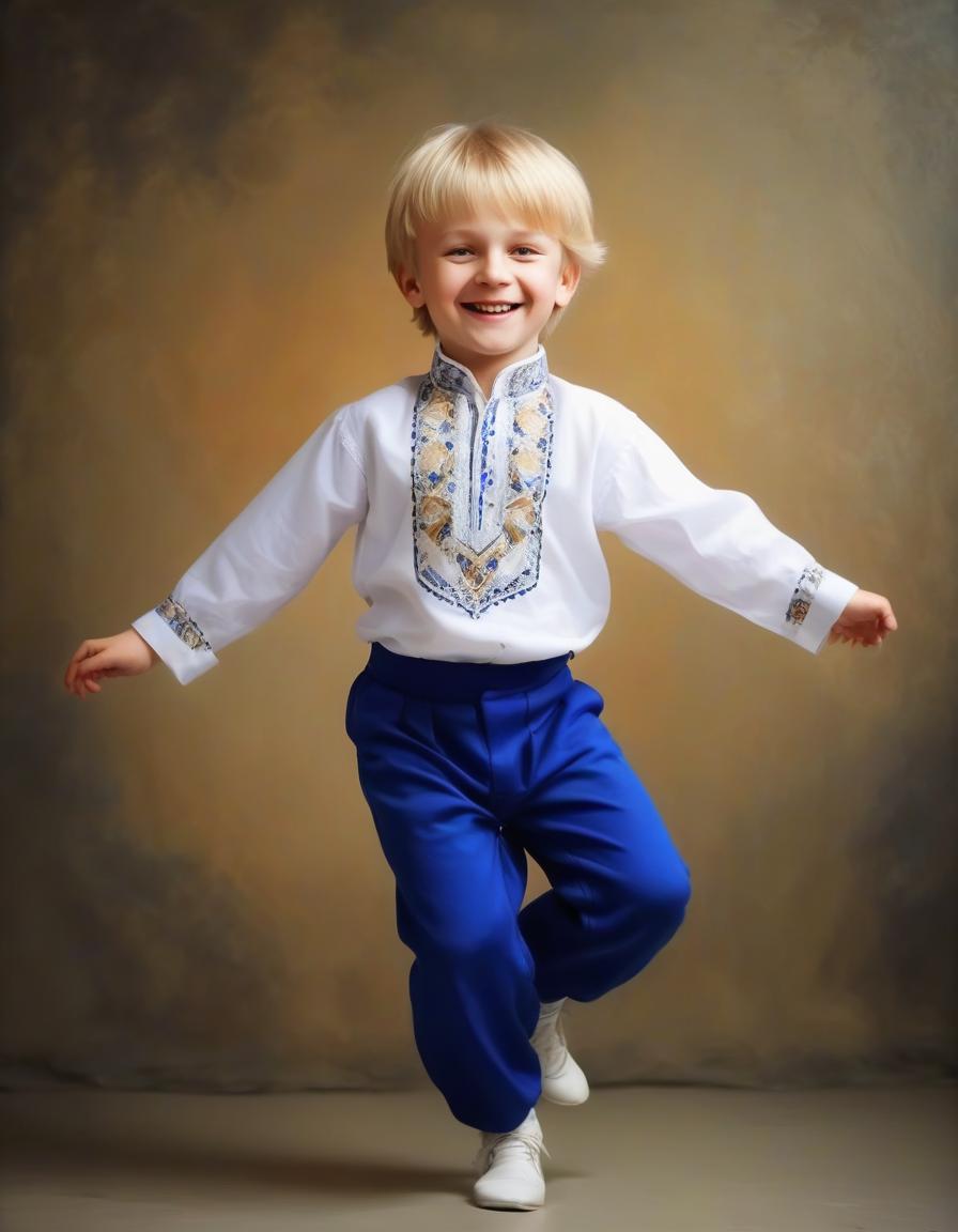  blonde boy smiles, in a white shirt and blue pants dances russian folk dance