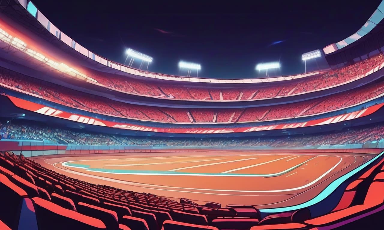  the arena for the battles of cars, racing track, the view from the inside, close up, the stands, floodlights, anime, cartoon style, flat style, bright colors, thin contours, pure colors