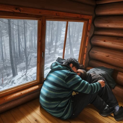  A man sleeps alone in a cabin in the forest,