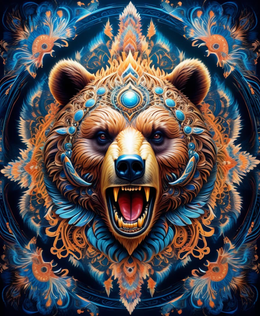  abstract expressionist painting masterpiece, hdr 8k, digital image. conceptual art. (a bear with a bared mouth full of sharp fangs, appearing in ancient russian ethnic ornaments that make up a symmetrical mandala consisting of an endless forest, a wide flowing river and majestic mountains, the mandala is decorated with a fantastic ice pattern). abstract elements: crystals, beads, feathers. the effect of dissolving the natural shades of fur in sky waves. filigree finishes, mysterious neon glowing accents, intricate. stylization. neo rococo style. stylish, dynamic, atmospheric. background dissolving abstract patterns in the space:: vignetting:: complex ethnic ornament. mystery, fantasy surrealism. high detail. high quality. hdr. . energetic