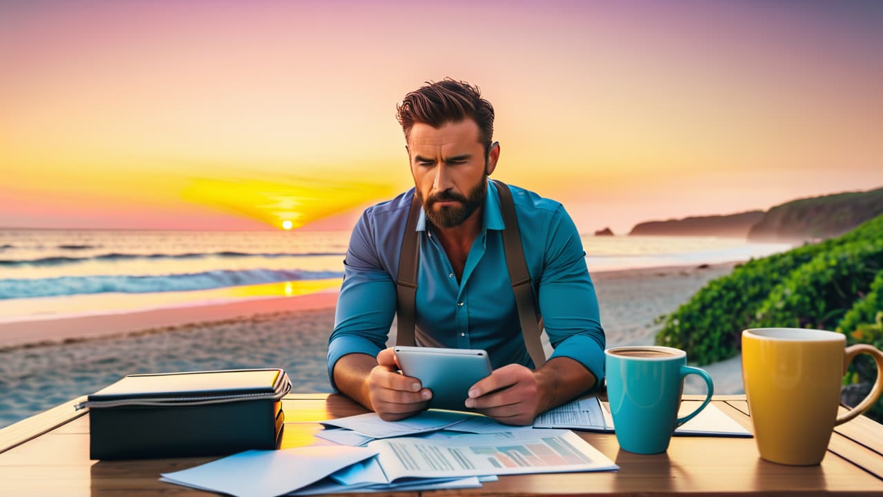  a split scene: one side shows a stressed beginner at a computer with fluctuating stock graphs, coffee cups, and crumpled papers; the other side depicts a calm trader enjoying a sunset by the beach, analyzing charts on a tablet. hyperrealistic, full body, detailed clothing, highly detailed, cinematic lighting, stunningly beautiful, intricate, sharp focus, f/1. 8, 85mm, (centered image composition), (professionally color graded), ((bright soft diffused light)), volumetric fog, trending on instagram, trending on tumblr, HDR 4K, 8K