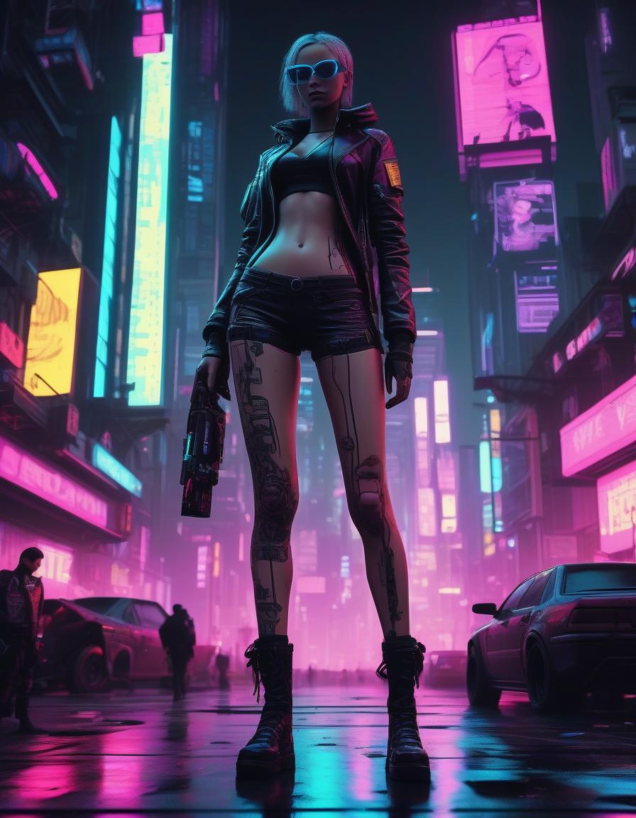  cyberpunk game style hight resolution. . skinny, (the hugest :1.5), legs. . neon, dystopian, futuristic, digital, vint, detailed, high contrast, reminiscent of cyberpunk genre video games