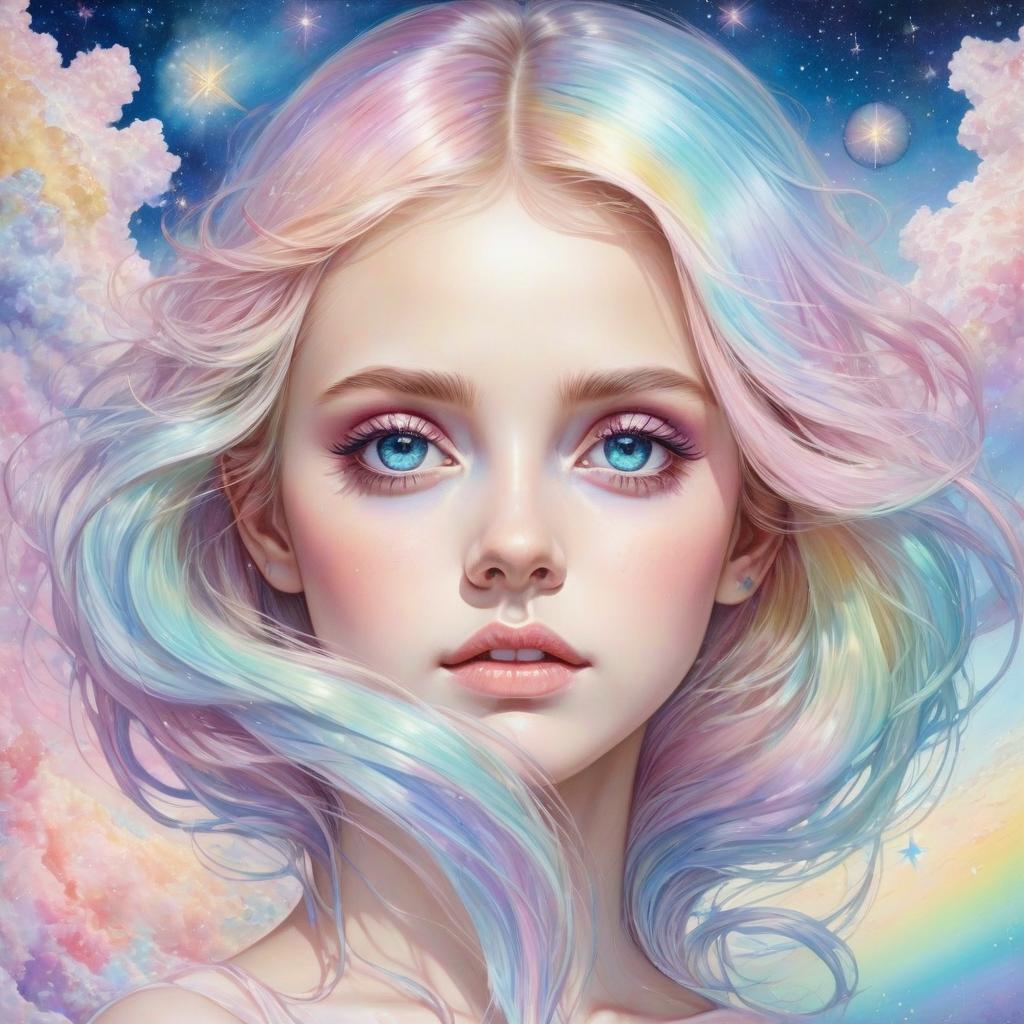  an atmospheric oil picture with a hyperreal portrait of a mesmerizingly beautiful celestial girl in a rainbow scale of pale pastel tones with huge watery eyes, colors of sorrow and crystal structures, photo real stars of the pastel tones galaxy