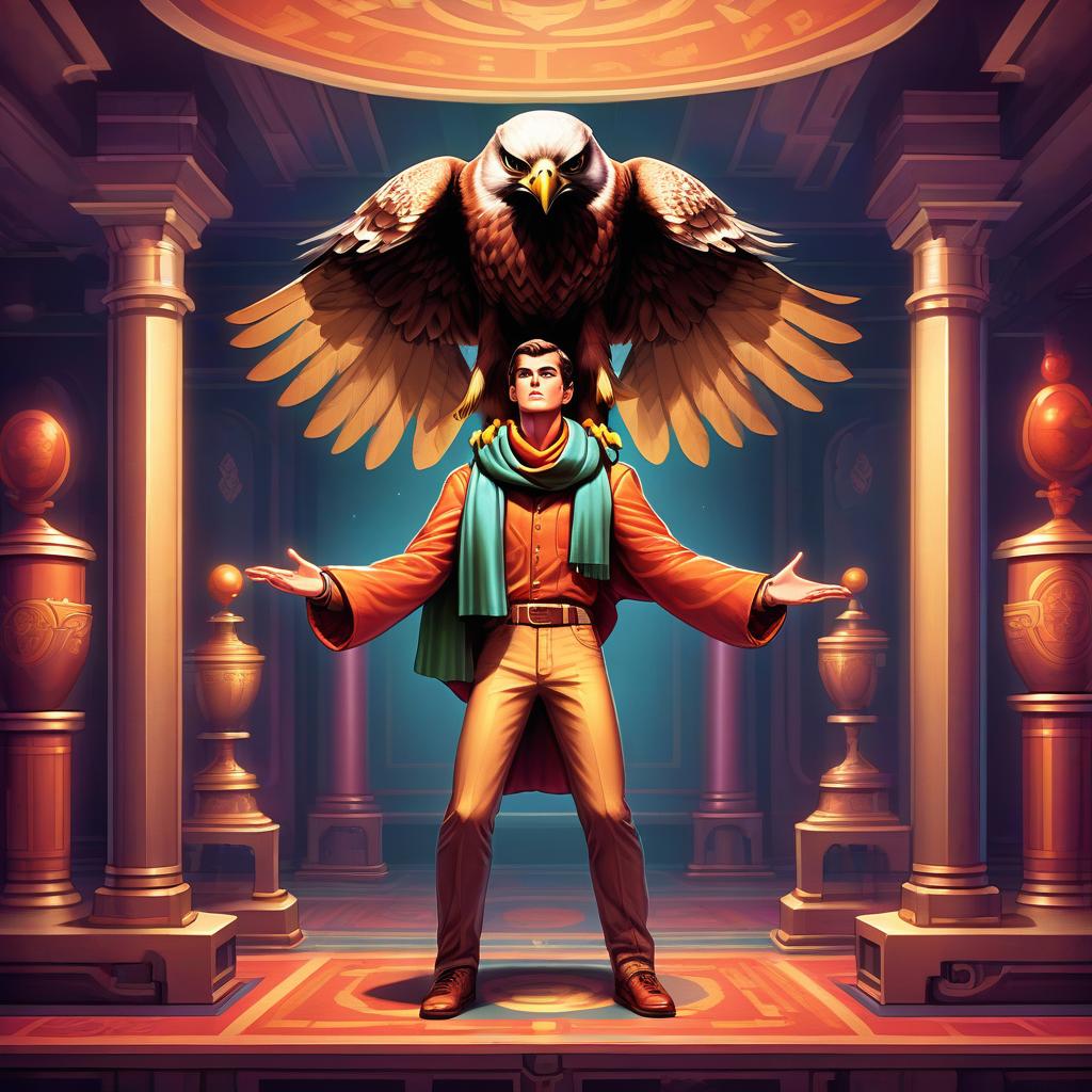  retro game art humanized hawk guy holds a scarf on outstretched arms over his head, looks straight, in front of him five pedestals with bowls on each, behind a chamber room in muffled tones . 16 bit, vibrant colors, pixelated, nostalgic, charming, fun