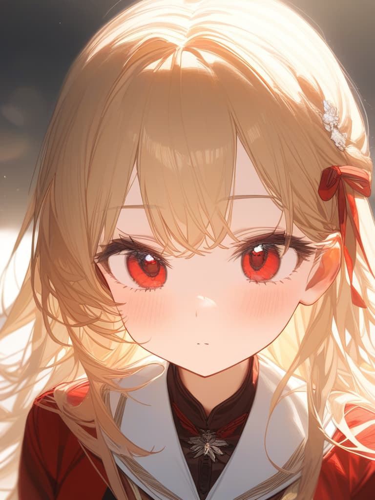  blond, short, red ribbon hair accessories, red uniforms, red eyes, cute, masterpiece, best quality,8k,ultra detailed,high resolution,an extremely delicate and beautiful,hyper detail