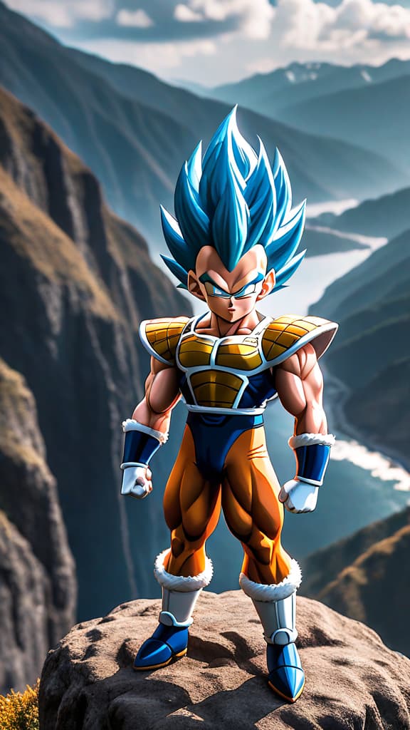  vegeta from dragon ball z standing on a cliff with determined eyes, training intensely, hint of ultra instinct hyperrealistic, full body, detailed clothing, highly detailed, cinematic lighting, stunningly beautiful, intricate, sharp focus, f/1. 8, 85mm, (centered image composition), (professionally color graded), ((bright soft diffused light)), volumetric fog, trending on instagram, trending on tumblr, HDR 4K, 8K