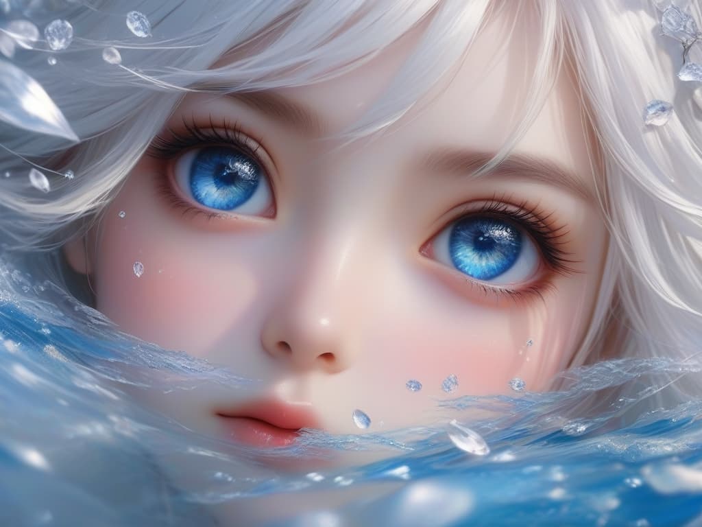  masterpiece,best quality,official art,extremely detailed cg 8k wallpaper,(flying petals) (detailed ice),crystals texture skin,1girl,cold expression,white hair,long hair,messy hair,blue eye,looking at viewer,extremely delicate and beautiful,water,((beauty detailed eye)),highly detailed,cinematic lighting,((beautiful face), fine water surface, (original figure painting), ultra detailed, incredibly detailed, (an extremely delicate and beautiful), beautiful detailed eyes, (best quality)