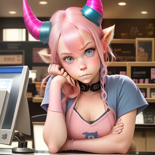  a girl with horns and blue eyes and pink hair sits behind a store counter, cute , furry , expressive , by seth casteel , carli davidson , rachael hale mckenna, kaylee greer, sophie gamand