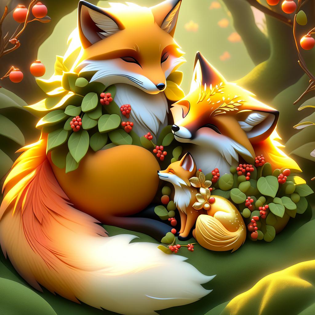  dreamscape (frame):gold round frame decorated with fancy oak leaves and rowan berries. (picture). animalism in fantasy style: little fox sleeping in the arms of big mum fox. appearance of a fox:sweetly sleeping curled up in a ball. (colours):orange, red, white, beige, gold, all shades of green, brown, brown gold. (style):animalism, fantasy, fairy tale, tenderness, kindness, calmness, cartoon . surreal, ethereal, dreamy, mysterious, fantasy, highly detailed, civitai, hkmagic hyperrealistic, full body, detailed clothing, highly detailed, cinematic lighting, stunningly beautiful, intricate, sharp focus, f/1. 8, 85mm, (centered image composition), (professionally color graded), ((bright soft diffused light)), volumetric fog, trending on instagram, trending on tumblr, HDR 4K, 8K