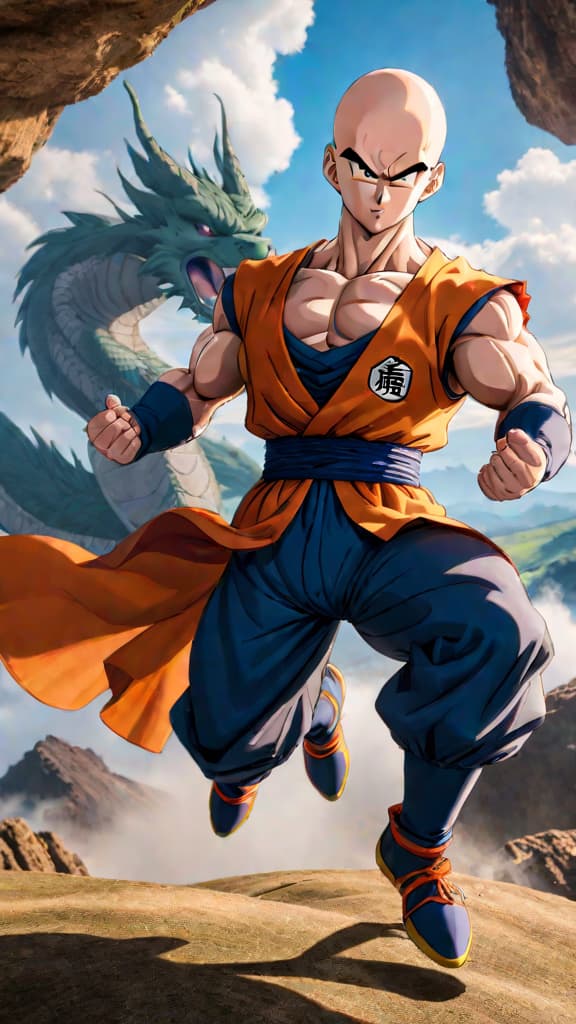  anime art: tien shinhan showcasing human potential by flying during battle with goku in dragon ball. hyperrealistic, full body, detailed clothing, highly detailed, cinematic lighting, stunningly beautiful, intricate, sharp focus, f/1. 8, 85mm, (centered image composition), (professionally color graded), ((bright soft diffused light)), volumetric fog, trending on instagram, trending on tumblr, HDR 4K, 8K