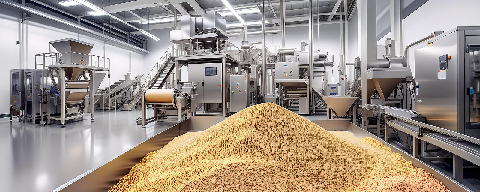  hdr photo of production line at the plant for the production of dry food for cats and dogs. white walls new equipment . high dynamic range, vivid, rich details, clear shadows and highlights, realistic, intense, enhanced contrast, highly detailed, perfect hands