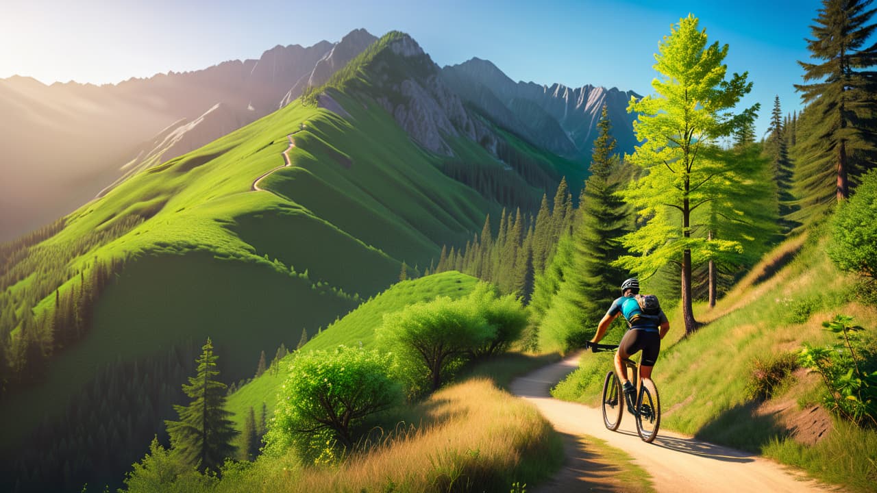  a dynamic split scene: on one side, a mountain biker navigating a rugged trail with vibrant green trees and rocky terrain; on the other, a runner sprinting along a winding path surrounded by scenic hills. hyperrealistic, full body, detailed clothing, highly detailed, cinematic lighting, stunningly beautiful, intricate, sharp focus, f/1. 8, 85mm, (centered image composition), (professionally color graded), ((bright soft diffused light)), volumetric fog, trending on instagram, trending on tumblr, HDR 4K, 8K