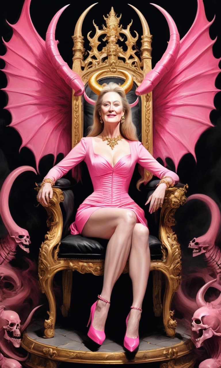  concept art pink, gold, black, white hell, near skeletons and demons meryl streep with demon horns on satan's throne chic prada shoes hell, near skeletons and demons . digital artwork, illustrative, painterly, matte painting, highly detailed, perfect hands