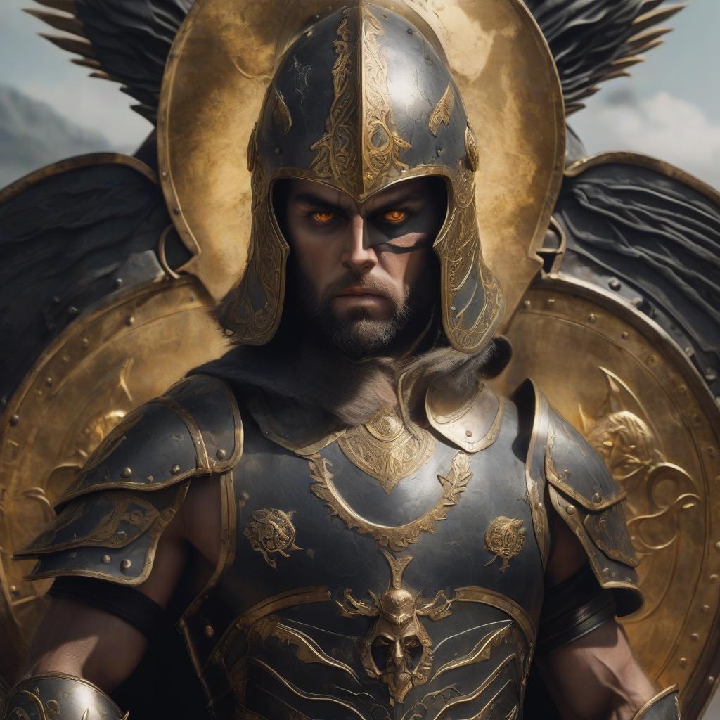  warrior in a helmet with a shield with golden eyes