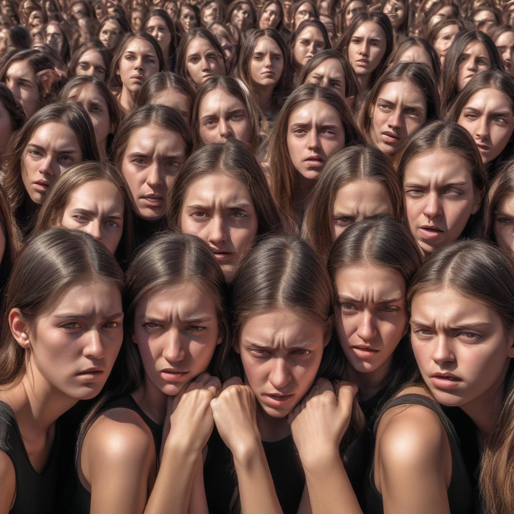  hdr photo of a man holds his head and is surrounded by many identical girls . high dynamic range, vivid, rich details, clear shadows and highlights, realistic, intense, enhanced contrast, highly detailed