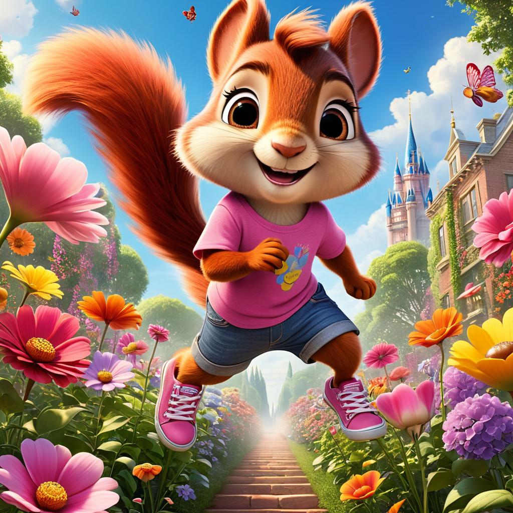  in 3d animated movie style. disney pixar style. {"subject description":"rumessa, , a curious, adventurous, and kind hearted , wearing a colorful t shirt, denim shorts, and pink sneakers. nutmeg, , an energetic, , and loyal squirrel, not wearing any clothes but carrying an acorn as a hat.","environment description":"a magical garden with flowers of every color stretching towards the sky, their petals swaying in a gentle breeze. the scene feels like stepping into a painting brought to life.","art style":"high resolution, pixar 3d animated film style with detailed rendering.","color and light":"vint and diverse main colors capturing the vividness of colorful flowers, soft warm lights creating a magical and w