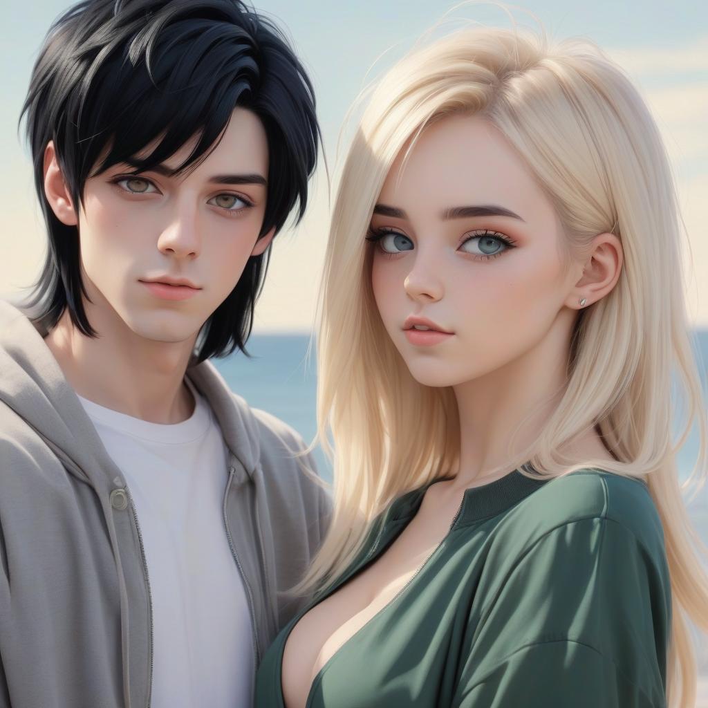  boy and girl, guy with black hair, girl blonde,