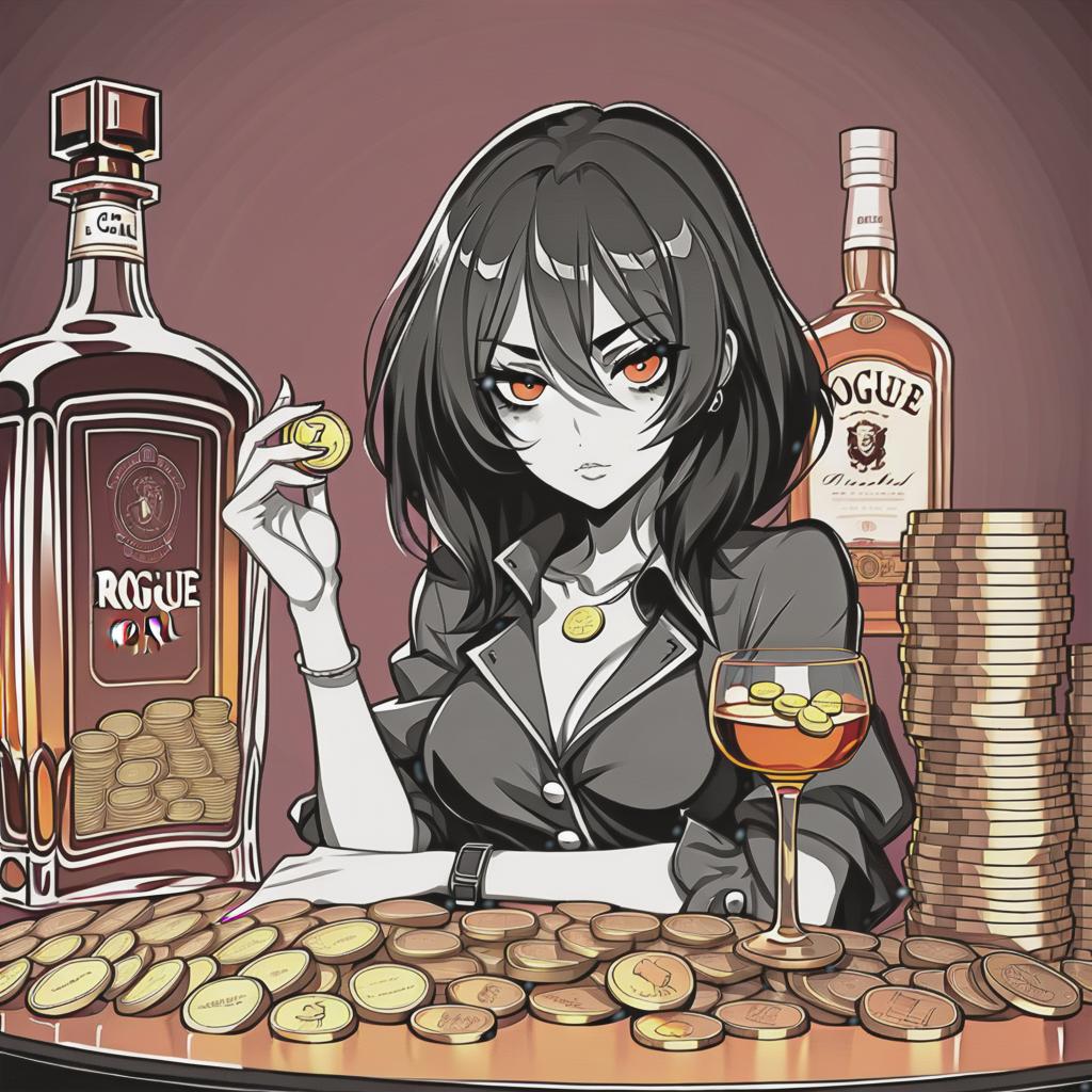  line art drawing rogue girl with coins and whiskey, same nightmare. anime style . professional, sleek, modern, minimalist, graphic, line art, vector graphics