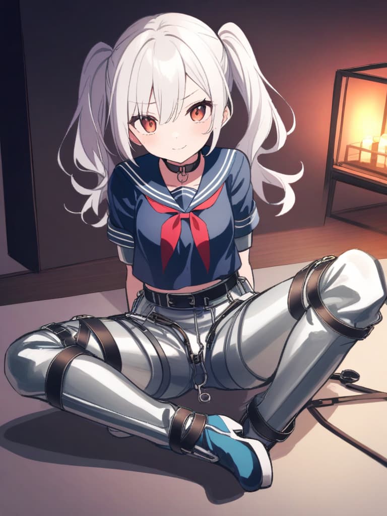  junior high s, sailor uniforms, twin tails, cute smiles, metal chasy bands (t type metal pants), chasy tools, chasy band with key, female restraint, under the are chasy belt, whole body, clroom,