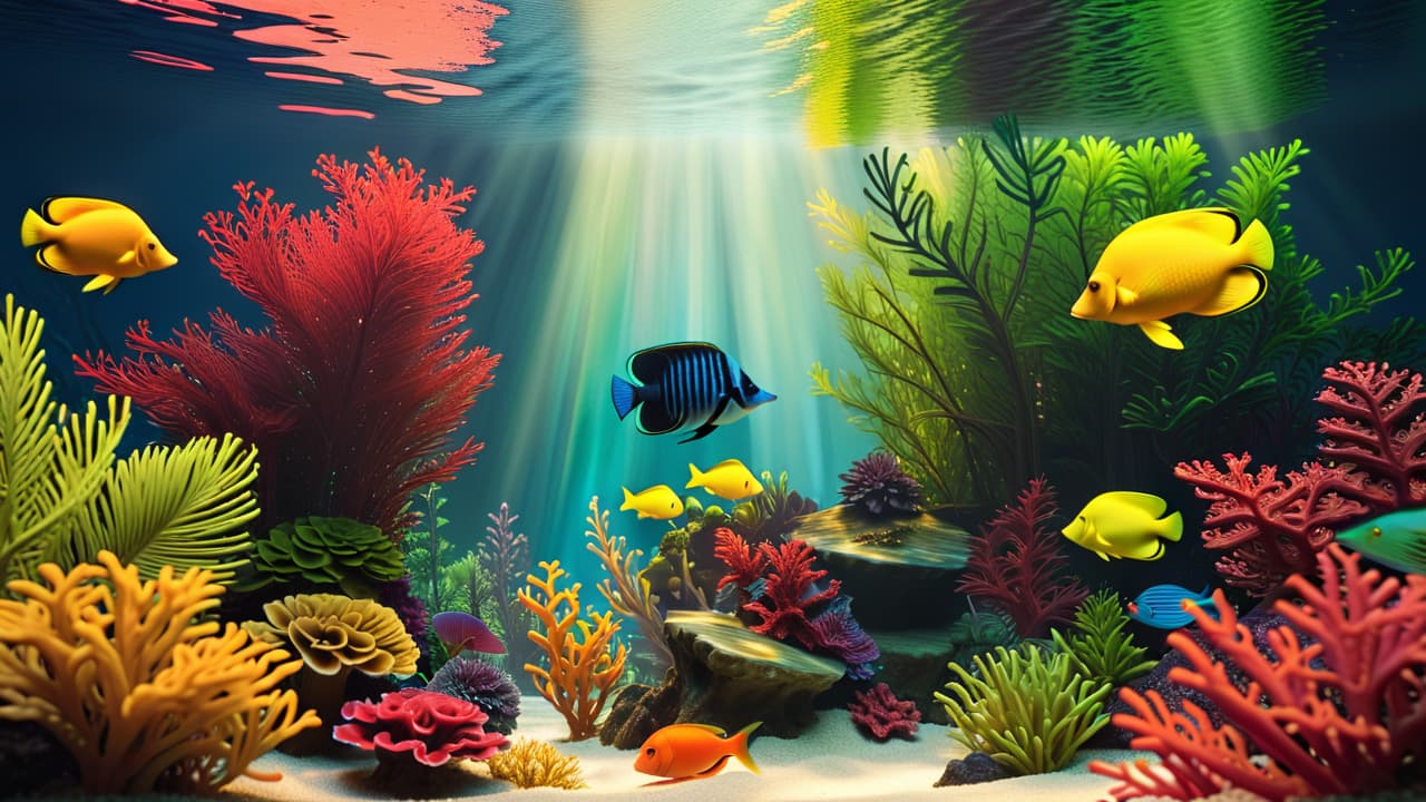  a serene aquarium scene depicting colorful tropical fish swimming among vibrant plants and coral, with a person gently observing and tending to the tank, surrounded by soft, ambient lighting and reflections on the water's surface. hyperrealistic, full body, detailed clothing, highly detailed, cinematic lighting, stunningly beautiful, intricate, sharp focus, f/1. 8, 85mm, (centered image composition), (professionally color graded), ((bright soft diffused light)), volumetric fog, trending on instagram, trending on tumblr, HDR 4K, 8K