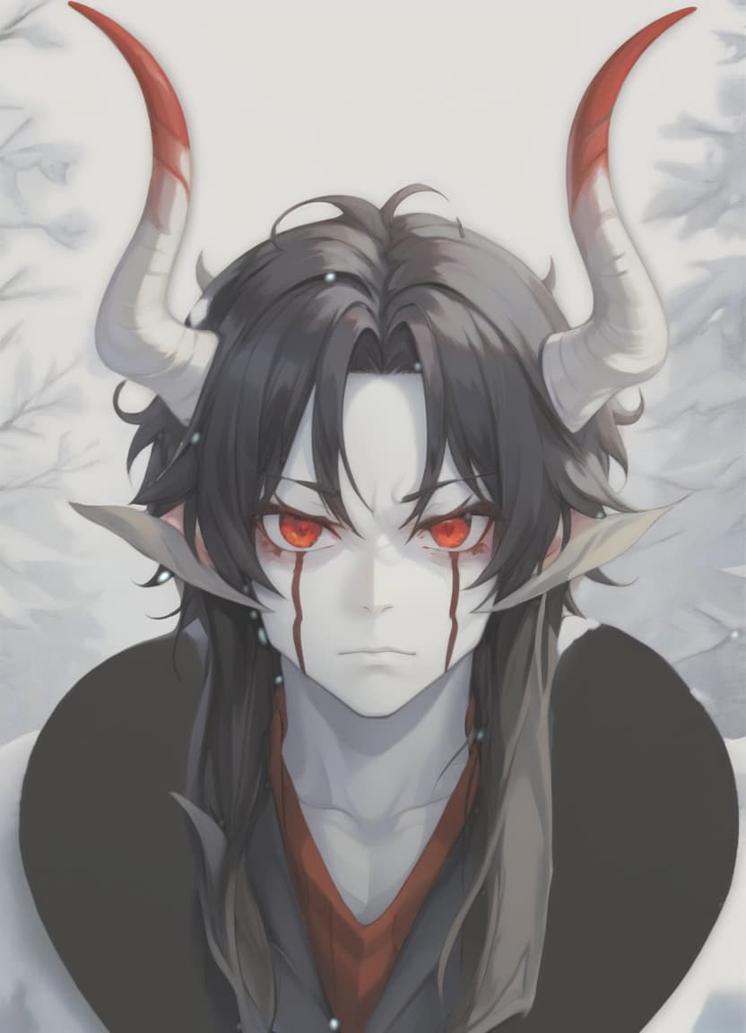  man demon, red horns, red eyes, black long hair, winter clothes, sticker