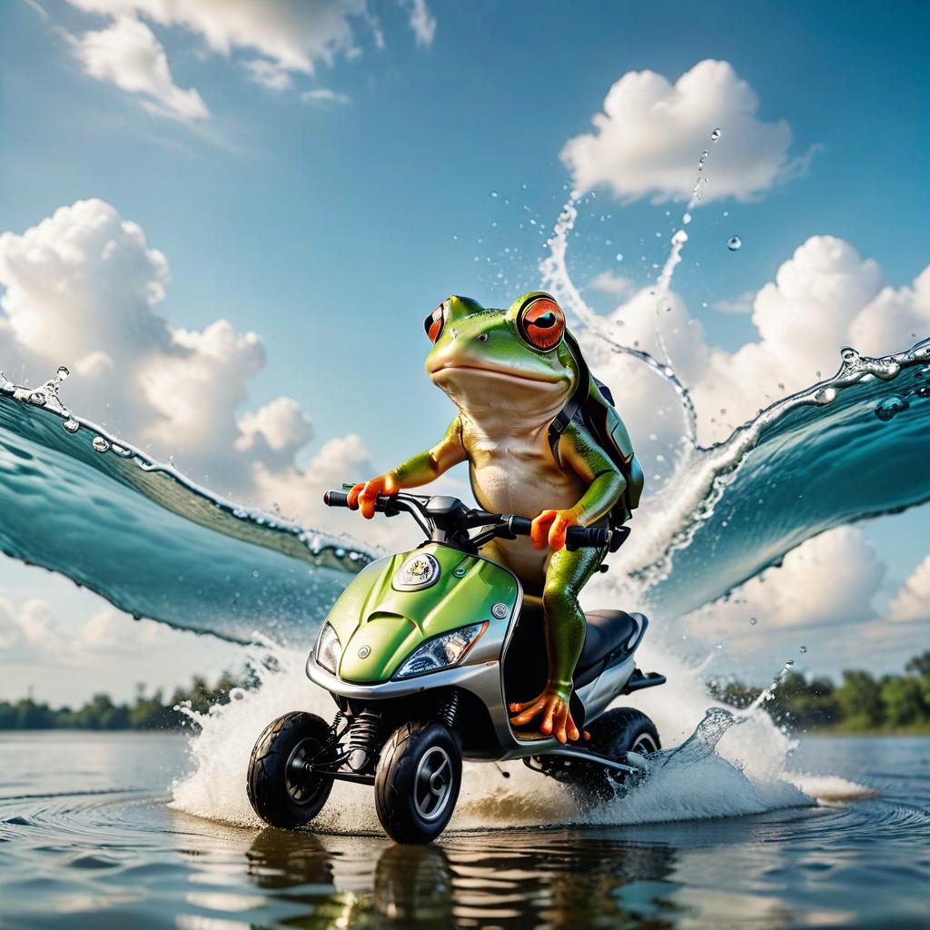  cinematic photo frog races on water scooter through clouds of splash . 35mm photograph, film, bokeh, professional, 4k, highly detailed, civitai, on parchment