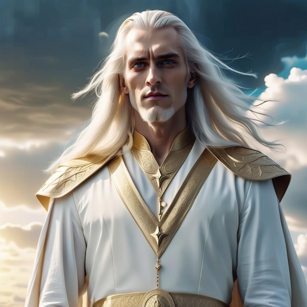  4k, quality, cinematic, fantasy, tall majestic man, long haired, white and gold hair, eyes sparkling, shaved face, wise look, long white clothes, stands against the sky