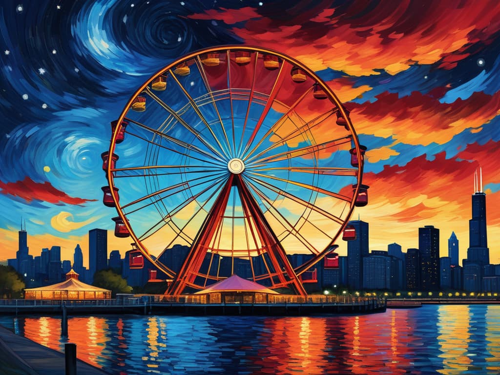  concept art chicago’s centennial ferris wheel, chicago’s navy pier, van gogh's starry starry night with colorful red and orange swirls in the beautiful night sky, chicago skyline with colorful van gogh swirls in the sky, hyper realistic, chicago skyline, mesmerizing, intricate details, flambient golden and red sunrise, dramatic lighting, epic composition, wide angle, cinematic, masterpiece, high resolution, sharp details, best quality, 4k, raw photo, van gogh influence, studio lighting, impressionist, bold colors, starry sky, architectural elements, medium format lens, high angle, cityscape, city life, metropolitan, van gogh's brushstrokes, van gogh's shadows, van gogh's colors, van gogh's textures, nighttime, city scene, streets, night