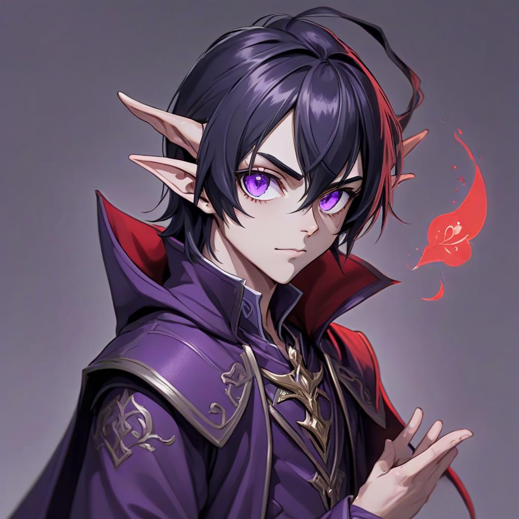  anime artwork dark elf man, young, black hair, straight hair, violet eyes, cold arrogant glance, elven ears, all grey skin, red minimalistic attire of a herbalist magician . anime style, key visual, vibrant, studio anime, highly detailed, sticker