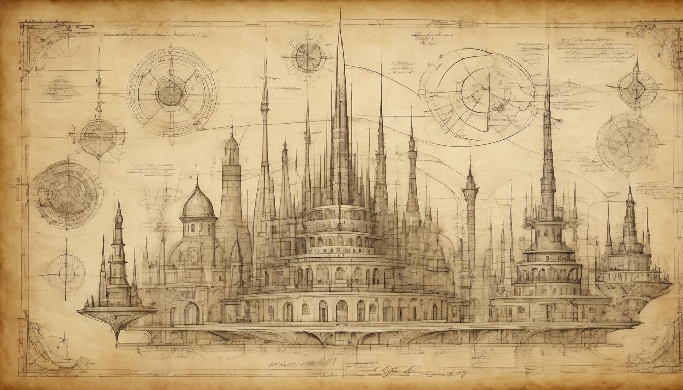  on parchment, surrealism++, architectural blueprint of intricate, futuristic cityscape, symbols of innovation, infinite pathways, air of visionary construction and complexity(mysterious, provocative, symbolic)++