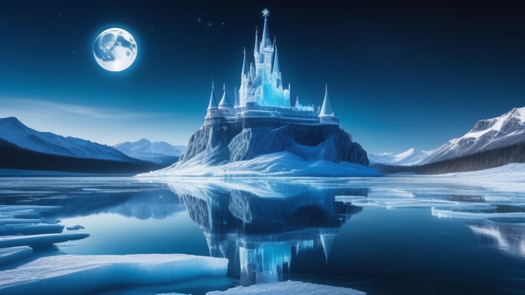  An icy beautiful kingdom with ice inhabitants, a king and queen made of ice, against the backdrop of the moon, stars and an endless lake. A kingdom frozen in time ar 16:9 high quality, detailed intricate insanely detailed, flattering light, RAW photo, photography, photorealistic, ultra detailed, depth of field, 8k resolution , detailed background, f1.4, sharpened focus