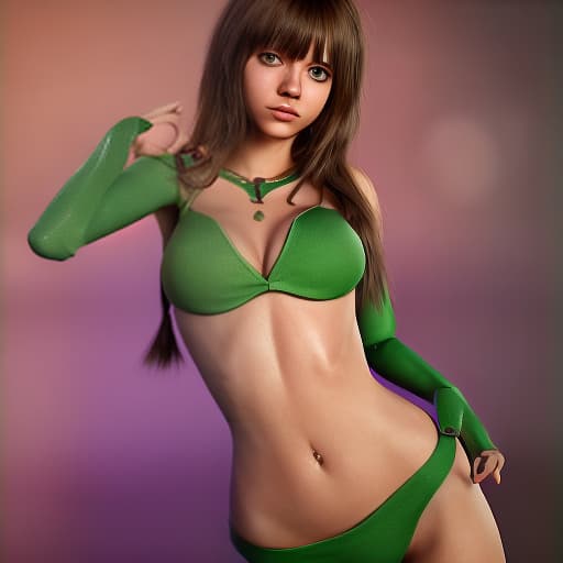 redshift style Mila Azul as a green-skinned humanoid female from another galaxy