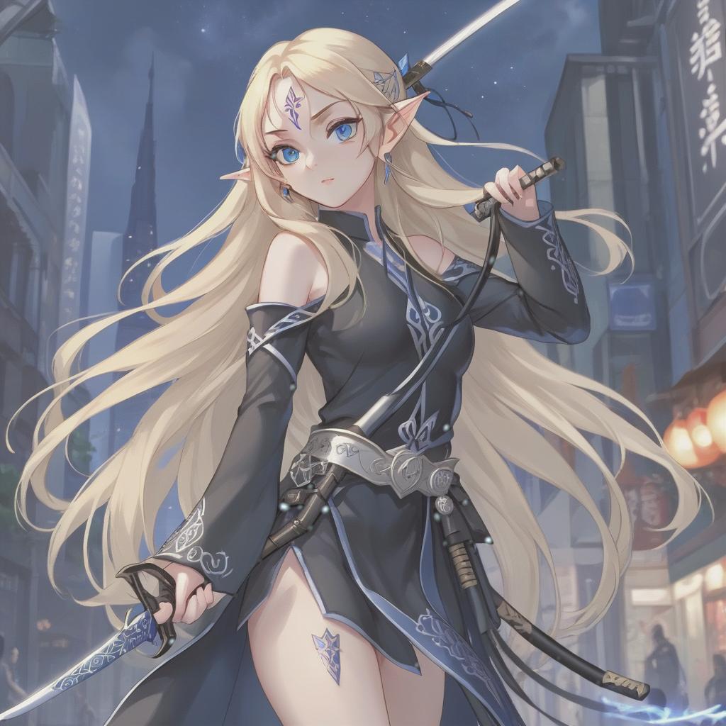  elf girl, blonde long loose hair, deep dark blue eyes, black combat suit, small silver earrings, hairpin, katana, night city, bright signs